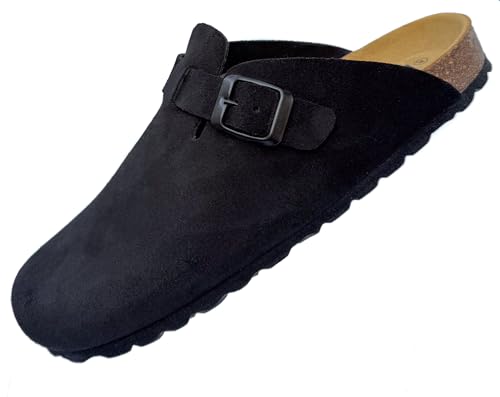 GONKOS®, Leder Clogs Damen Herren Clogs & Pantoletten, Veloursleder, echtes Leder, Naturkork, Pantoletten Herren Damen, Qualitätssandalen Made in Spain, Farbe Veloursleder Schwarz Größe 45 von GONKOS