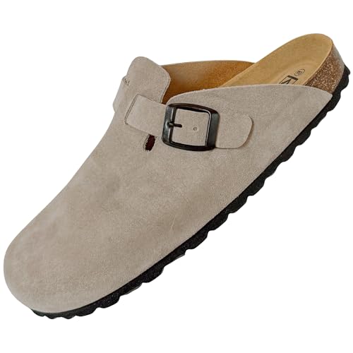 GONKOS®, Leder Clogs Damen Herren Clogs & Pantoletten, Veloursleder, echtes Leder, Naturkork, Pantoletten Herren Damen, Qualitätssandalen Made in Spain, Farbe Veloursleder Stein Größe 44 von GONKOS