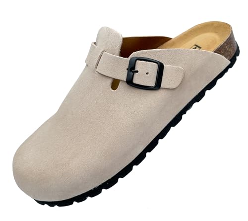 GONKOS®, Lederclogs mit Kork-Einlegesohle, Wildleder Clogs, echtes Leder, Naturkork, verstellbare Schnalle am Fuß, Herren-/Damensandalen, Qualitätssandalen, Made in Spain, Farbe Creme, Größe 45 von GONKOS