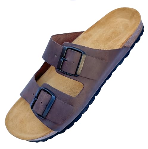 GONKOS®, Ledersandalen mit Schnallen, Echtes Leder Pantoletten, Naturkork, verstellbare Schnallen am Fuß, Herren-Damen Sandalen, Qualitätssandalen, Made in Spain, Farbe Braun Größe 39 von GONKOS