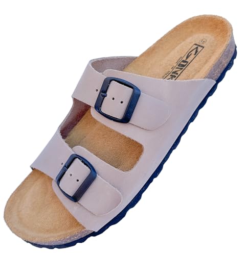 GONKOS®, Ledersandalen mit Schnallen, Echtes Leder Pantoletten, Naturkork, verstellbare Schnallen am Fuß, Herren-Damen Sandalen, Qualitätssandalen, Made in Spain, Farbe Stein, Größe 43 von GONKOS