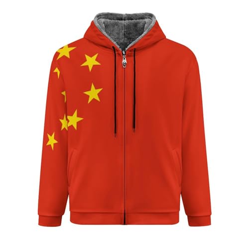 GONMFKM Fleecejacke Herren Dicker Kaputzenpullis, Warme Winterjacke, Herren Reißverschluss Übergangsjacke Tasche Jacken, China Flagge Printing Winddicht Fahrradjacke L von GONMFKM