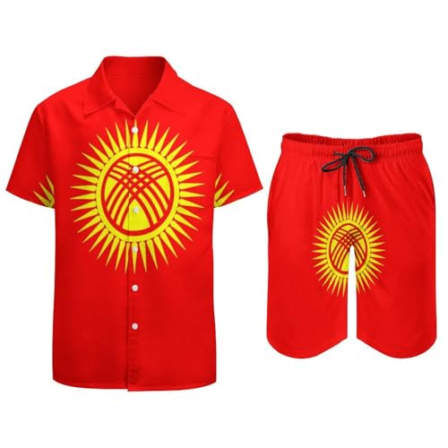 GONMFKM Herren Hawaiihemd und Shorts Set Regular Fit Kurzarm Casual Funky Beach Kirgisistan Flagge Druck Sommer Aloha Hemden und Hosen Set von GONMFKM