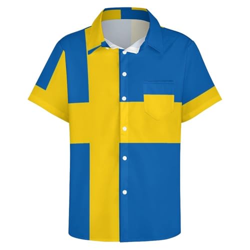 Kurzarmhemden Für Herren Button-Down-Hemd Für Urlaub Und Strand Hawaiihemd Mit Schweden-Flaggen-Aufdruck Lässig Große Größe Sommer Normale Passform Oxford-Hemd Schweden 5XL von GONMFKM