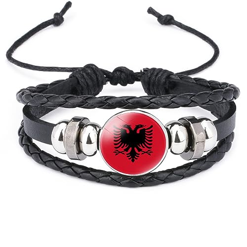 GONMFKM Modische Gewebte Armbänder Mit Albanien-Flagge – Beliebter Schmuck, Glasanhänger, Verstellbarer Mehrschichtiger Geflochtener Lederarmreif Für Kinder, Damen, Mädchen Und Herren-Accessoires, S von GONMFKM