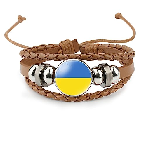 GONMFKM Modische Gewebte Armbänder Mit Ukrainischer Flagge – Beliebter Schmuck, Glasanhänger, Verstellbarer, Mehrschichtiger Geflochtener Lederarmreif Für Kinder, Damen, Mädchen Und Herren-Accessoir von GONMFKM