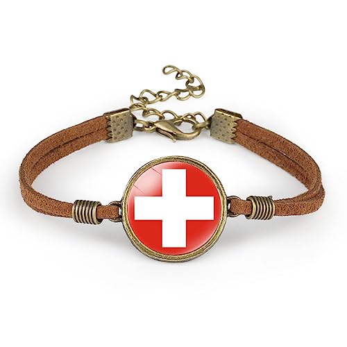 GONMFKM Modische Schweiz Flaggen Armbänder Länderflaggen Zeit Edelstein Lederarmband, Zweilagiges Flanell Seil Armband, Verstellbare Schwanzkette, Handgefertigter Zopfschmuck Für Männer Und Frauen, von GONMFKM