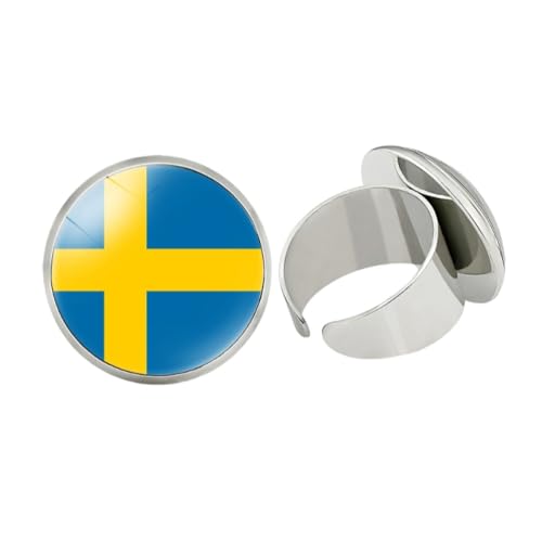 GONMFKM Modischer Häkelring Mit Schwedischer Nationalflagge – Modischer Europa-Länder-Glasanhänger, Verstellbare Öffnung, Fingerring, Accessoires, Souvenir, Schmuck, Geschenke Für Damen Und Herren, von GONMFKM