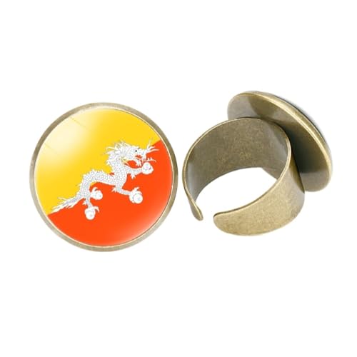 GONMFKM Modischer Nationalflaggen-Ring Bhutans – Retro-Fingerring Mit Verstellbarer Öffnung Und Glas-Cabochon-Bild Asien-Flagge, Für Damen Und Herren, Unisex, Patriotisches Schmuckzubehör, Gelb, 20 von GONMFKM