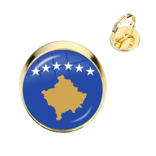 GONMFKM Modischer Ring Mit Kosovo-Nationalflagge – Retro-Verstellbarer Gelber Fingerring Mit Glas-Cabochon-Bild Europa-Flagge, Für Damen Und Herren, Unisex, Patriotisches Schmuckzubehör, Gelb, 18 Mm von GONMFKM