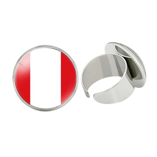 GONMFKM Modischer Ring Mit Nationalflagge Perus – Runder Glasanhänger, Minimalistischer Bandring Für Damen Und Herren, Unisex, Stapelbar, Verstellbarer Offener Ring, Bequeme Passform, Schmuckzubehör von GONMFKM