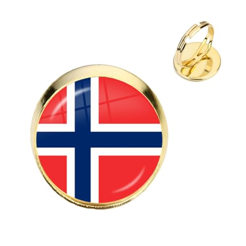 GONMFKM Modischer Ring Mit Norwegischer Nationalflagge – Verstellbarer Retro-Fingerring Mit Glas-Cabochon-Bild Europa-Flagge, Für Damen Und Herren, Unisex, Patriotisches Schmuckzubehör, Gelb, 18 Mm von GONMFKM