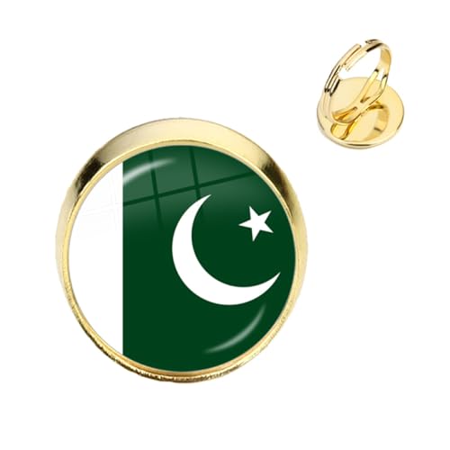 GONMFKM Modischer Ring Mit Pakistanischer Nationalflagge – Verstellbarer Retro-Fingerring Mit Glas-Cabochon-Bild Europa-Flagge, Für Damen Und Herren, Unisex, Patriotisches Schmuckzubehör, Gelb, 18 M von GONMFKM