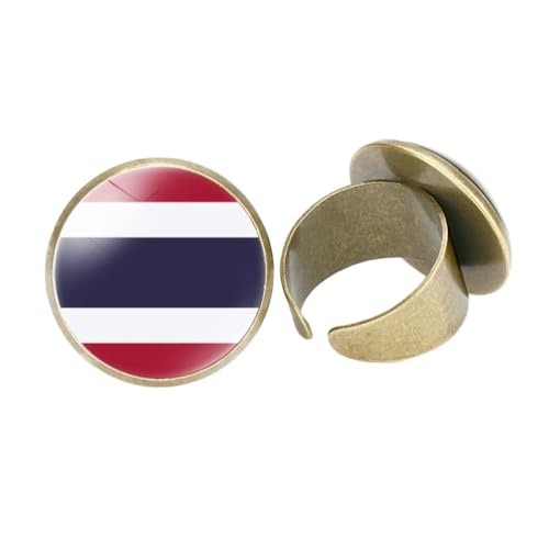 GONMFKM Modischer Ring Mit Thailändischer Nationalflagge – Retro-Fingerring Mit Verstellbarer Öffnung Und Glas-Cabochon-Bild Asien-Flagge, Für Damen Und Herren, Unisex, Patriotisches Schmuckzubehör, von GONMFKM