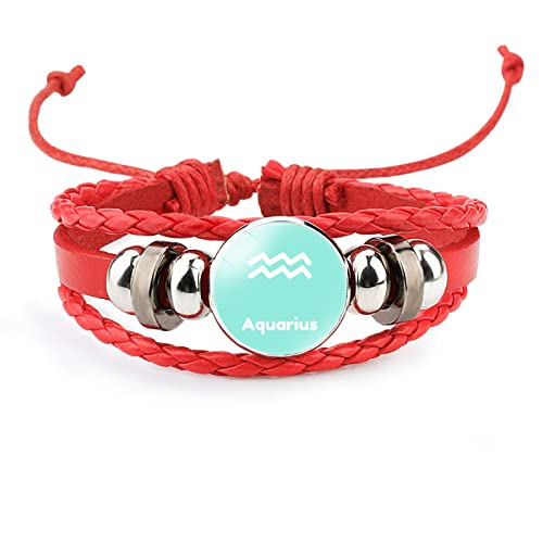 GONMFKM Modisches Armband Mit Den 12 Sternzeichen, Das Im Dunkeln Leuchtet Verstellbarer Armreif Für Frauen Und Männer, Glaskonstellationen-Charm, Rote Lederseilketten, Modeschmuck, Wassermann, Vers von GONMFKM