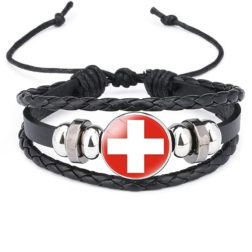 GONMFKM Modisches Armband Mit Schweizer Flagge – Europäische Länder, Mehrschichtiges Gewebtes Armband, Verstellbarer Patriotischer Schmuck, Accessoires Für Damen Und Herren, Schwarz, Lang 18 Cm von GONMFKM