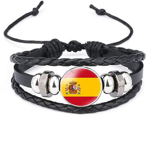 GONMFKM Modisches Armband Mit Spanien-Flagge – Europäische Länder, Mehrlagiges Gewebtes Armband, Verstellbarer Patriotischer Schmuck, Accessoires Für Damen Und Herren, Schwarz, Lang 18 Cm von GONMFKM