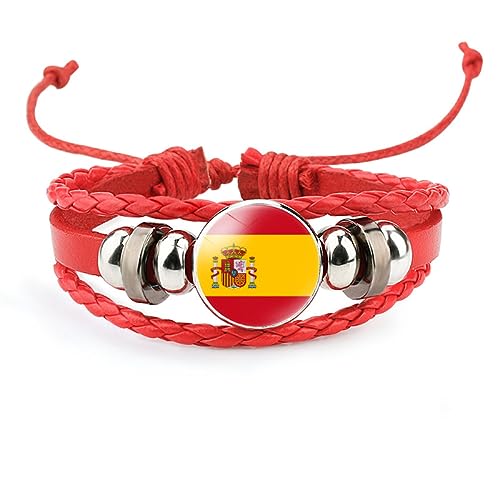 GONMFKM Modisches Armband Mit Spanien-Flagge – Europäische Länder, Mehrschichtiges Gewebtes Armband, Verstellbarer Patriotischer Schmuck, Accessoires Für Damen Und Herren, Rot, Lang 18 Cm von GONMFKM