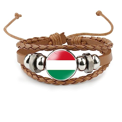 GONMFKM Modisches Armband Mit Ungarn-Flagge – Europäische Länder, Mehrlagiges Gewebtes Armband, Verstellbarer Patriotischer Schmuck, Accessoires Für Damen Und Herren, Braun, Lang 18 Cm von GONMFKM