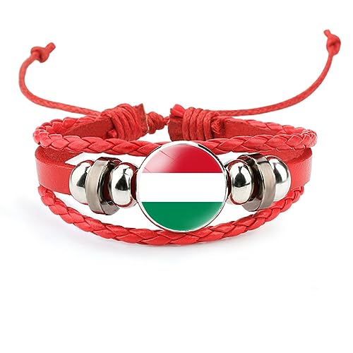 GONMFKM Modisches Armband Mit Ungarn-Flagge – Europäische Länder, Mehrlagiges Gewebtes Armband, Verstellbarer Patriotischer Schmuck, Accessoires Für Damen Und Herren, Rot, Lang 18 Cm von GONMFKM