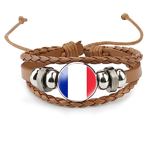 GONMFKM Modisches Frankreich-Flaggen-Armband – Europäisches Flaggenmuster, Glas-Anhänger, Leder, Mehrschichtig, Gewebt, Verstellbarer Armreif, Beliebter Patriotischer Schmuck Für Damen Und Herren, B von GONMFKM