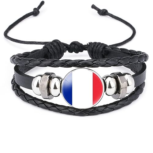 GONMFKM Modisches Frankreich-Flaggen-Armband – Europäisches Flaggenmuster, Glas-Anhänger, Leder, Mehrschichtig, Gewebt, Verstellbarer Armreif, Beliebter Patriotischer Schmuck Für Damen Und Herren, S von GONMFKM