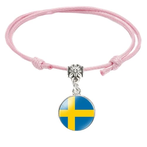 GONMFKM Modisches Geflochtenes Armband Mit Schweden Flagge Modischer Rosa Seilknoten, Verstellbarer Gewebter Armreif Für Herren Und Damen, Edelstein Anhänger Armbänder, Charm Neuheit, Patriotischer von GONMFKM