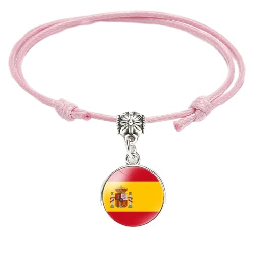 GONMFKM Modisches Geflochtenes Armband Mit Spanien Flagge, Runder Edelstein Anhänger, Armband, Souvenir Charm, Schicker Patriotischer Schmuck, Männer Und Frauen, Rosa Seilknoten, Gewebte Armreifen, von GONMFKM