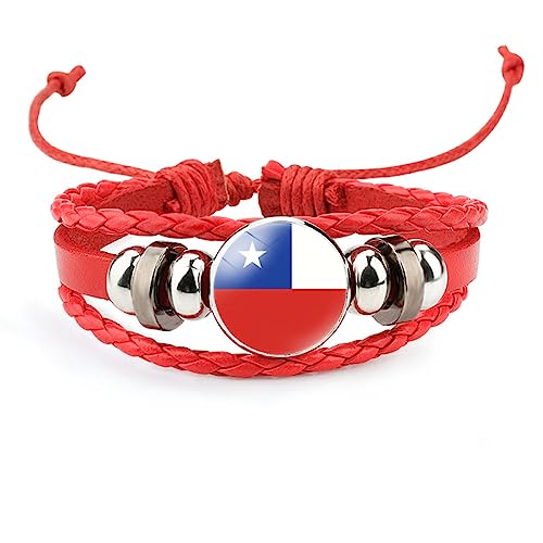 GONMFKM Modisches Geflochtenes Lederarmband Mit Chile Flagge Verstellbares Abzeichen Armband Für Herren Und Damen, Rotes Geflochtenes Leder Manschettenarmband, Patriotischer Retro Schmuck, Charm Neu von GONMFKM