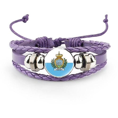 GONMFKM Modisches Geflochtenes Lederarmband Mit San Marino Flagge Verstellbares Abzeichen Armband Für Herren Und Damen, Lila Gewebter Armreif Aus Leder, Patriotischer Retro Schmuck, Charm Neuheits A von GONMFKM