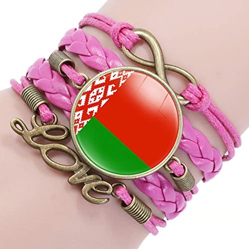 GONMFKM Modisches Gewebtes Armband Mit Belarus Flagge Punk Armreif Aus Geflochtenem Rosafarbenem Leder Für Herren Und Damen, Vintage Liebesarmbänder, Verstellbar, Charm Neuheit, Patriotischer Schmuc von GONMFKM