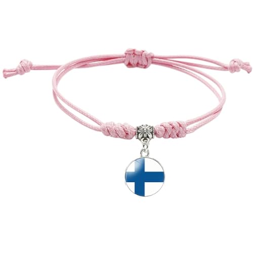 GONMFKM Modisches Gewebtes Armband Mit Finnland Flagge Rosafarbenes Seil, Geschichtet, Geflochtener Armreif Für Herren Und Damen, Runder Abzeichen Anhänger, Armbänder, Verstellbar, Charm Neuheit, Pa von GONMFKM