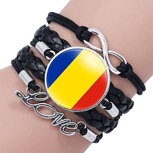 GONMFKM Modisches Gewebtes Armband Mit Rumänien Flagge Punk Armreif Aus Mehrschichtigem Leder, Geflochten, Für Herren Und Damen, Verstellbare Kettenarmbänder, Charm Neuheit, Patriotischer Schmuck, A von GONMFKM