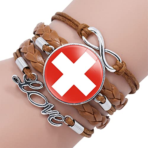 GONMFKM Modisches Gewebtes Armband Mit Schweiz Flagge Punk Armreif Aus Geflochtenem Braunem Leder Für Herren Und Damen, Verstellbares Armband, Charm Neuheit, Patriotischer Schmuck, Abzeichen, Access von GONMFKM