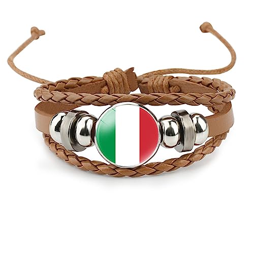 GONMFKM Modisches Italien-Flaggen-Armband – Europäisches Flaggenmuster, Glas-Anhänger, Leder, Mehrschichtig, Gewebt, Verstellbarer Armreif, Beliebter Patriotischer Schmuck Für Damen Und Herren, Brau von GONMFKM