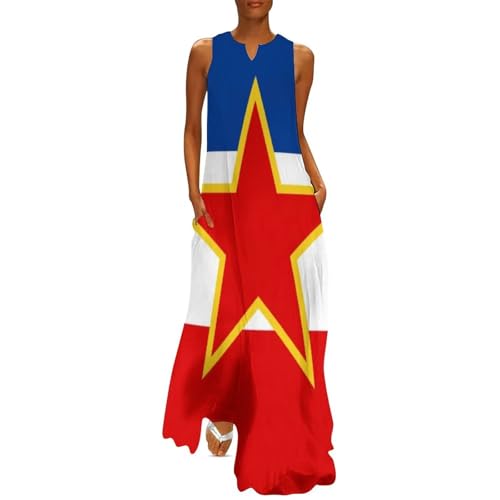 GONMFKM Sommerkleider Für Damen Lässig Ärmellos Lockeres Maxikleid Für Damen Lang Mit Taschen Aufdruck „Flagge Von Jugoslawien“ V-Ausschnitt Übergröße Tank-Sommerkleid M von GONMFKM
