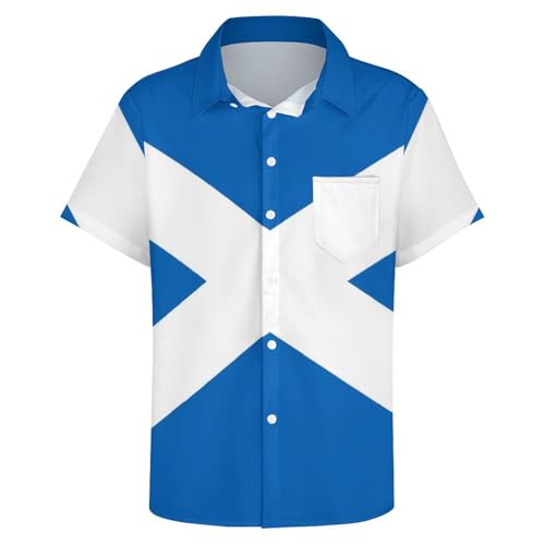 Herren-Sommerhemd Aus Polyester Mit Kurzen Ärmeln Normaler Passform Button-Down-Hemd Hawaii-Urlaubsoberteil Aufdruck Der Schottischen Flagge Übergroßes Strandhemd Mit Fronttasche Schottland 2Xl von GONMFKM
