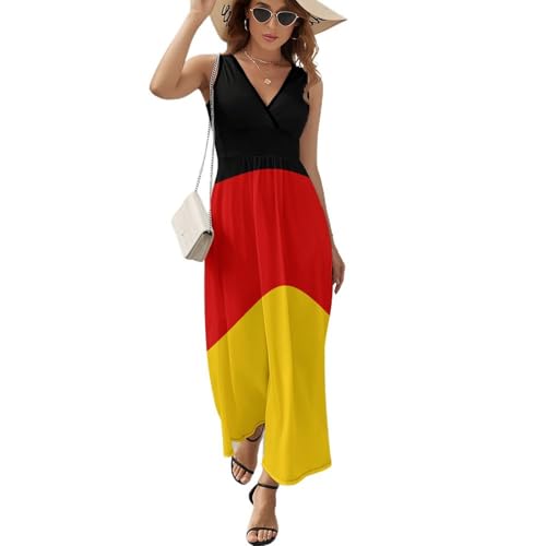 Maxikleider Für Damen Lässig Übergröße Basic Ärmellos Deutschland-Flaggendruck Langes Maxi-Tankkleid Sommer-Strand-Swing-Kleid V-Ausschnitt A-Linie XL von GONMFKM