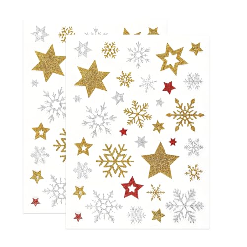 GONZTEL 2 Stück Sticker Weihnachten, Sticker Stern, Weihnachten Schneeflocke Aufkleber, Gold Selbstklebend zum Basteln Silber Weihnachten Deko von GONZTEL