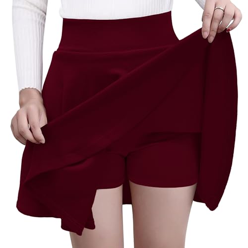 GOOBGS Women's Casual Versatile Mini Skater Stretchy Skirt with Shorts Burgundy XX-Large von GOOBGS