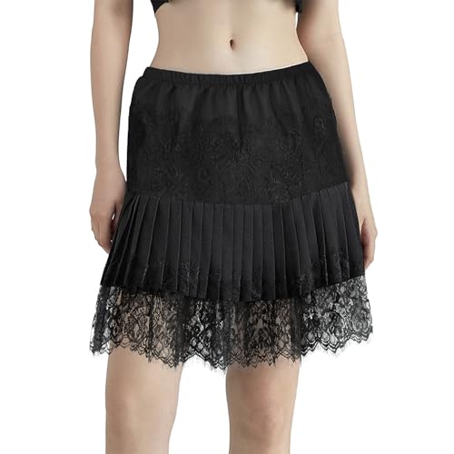 GOOBGS Women's Mini Underskirt Shirt Extensions Lower Skirt Sweep Shirt Extension Skirt with Buttons Lace Ruffle Pleated Black Small von GOOBGS