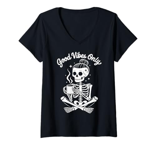 Damen Good Vibes ONLY X Skelett Schädel Büro Arbeit Kaffee T-Shirt mit V-Ausschnitt Damen Good Vibes ONLY X Skelett Schädel Büro Arbeit Kaffee T-Shirt mit V-Ausschnitt von GOOD VIBES ONLY X Halloween Skelett Kaffeetrinker