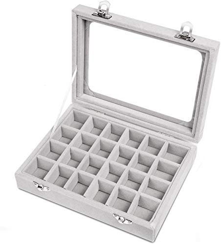 GOODGDN Samt 24 fächer Schmuckkasten，schmucklade Damen Schmuckkästchen mit Glasdeckel，Schmuckständer Aufbewahrungsbox für Ringe Ohrringe(Grau) von GOODGDN