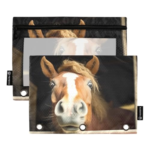 GOODOLD Federmäppchen für 3-Ringbuch, lustiges Pferd, glatter Reißverschluss, Federmäppchen mit transparentem Fenster für Ordner, Bürozubehör von GOODOLD
