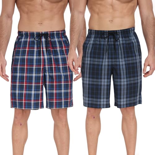 GOODSALEOK 2er Pack Schlafanzughose Herren Pyjamahose Kurz Mit Karomuster Shorts Aus Baumwolle Mit Taschen FüR MäNner Dunkelblau + Blau&Schwarz XL von GOODSALEOK