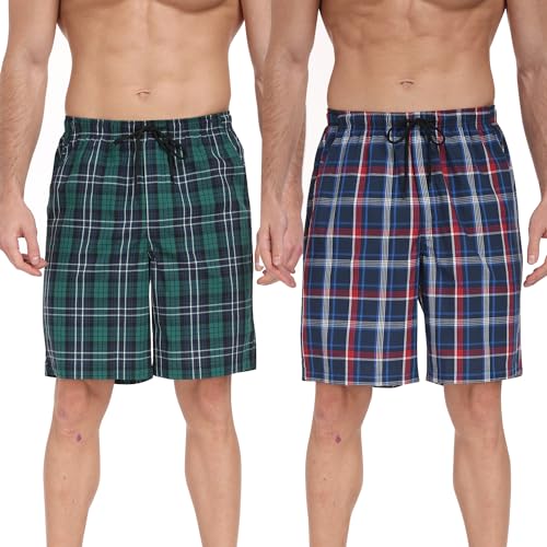 GOODSALEOK 2er Pack Schlafanzughose Herren Pyjamahose Kurz Mit Karomuster Shorts Aus Baumwolle Mit Taschen FüR MäNner Grün&Weiß + Blau&Schwarz XL von GOODSALEOK