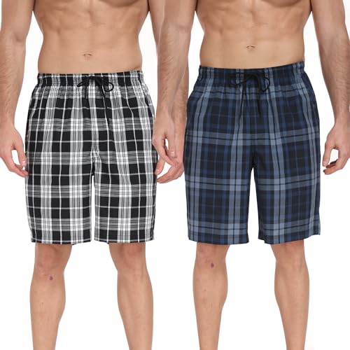 GOODSALEOK 2er Pack Schlafanzughose Herren Pyjamahose Kurz Mit Karomuster Shorts Aus Baumwolle Mit Taschen FüR MäNner Schwarz&Weiß + Dunkelblau S von GOODSALEOK