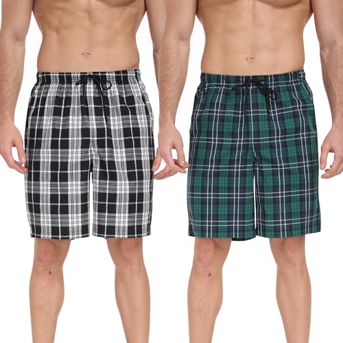 GOODSALEOK 2er Pack Schlafanzughose Herren Pyjamahose Kurz Mit Karomuster Shorts Aus Baumwolle Mit Taschen FüR MäNner Schwarz&Weiß + Grün&Weiß M von GOODSALEOK