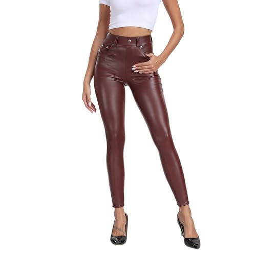 GOODSALEOK High Waist Lederleggings GefüTtert Damen Sexy Matte Stretch Leggings Doppellagiges DüNnes Vlies Winter Geschenke Braun S von GOODSALEOK