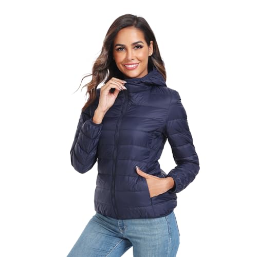 GOODSALEOK Leichte Daunenjacke üBergangsjacke Damen Kurze Gesteppte Winterjacke Mit Kapuze Winter-Geschenke Blau-L von GOODSALEOK